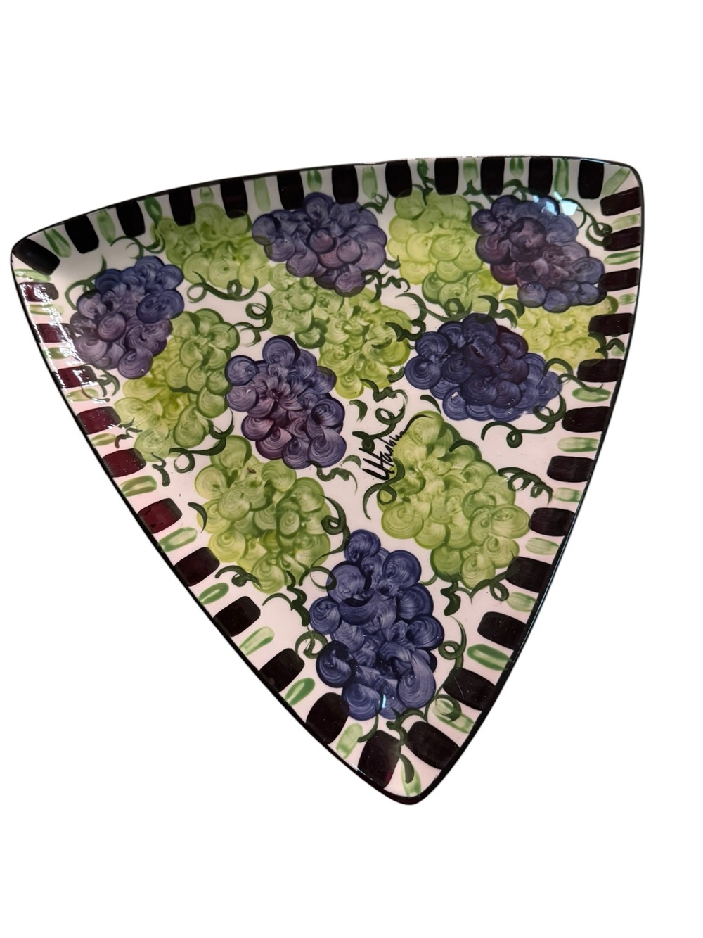 Triangular Ceramic Hand Painted Signed Plate Grapes by L Hasbum Vintage 13"